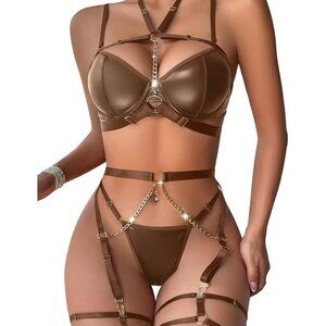 🆕Women Brown Sexy Pu Leather Strappy Underwire Garter Belt Lingerie Set